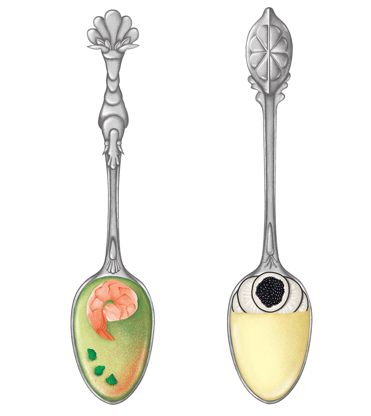 illustration réaliste de cuillères en argent ornées d'une crevette et d'un citron par ichetkar recettes au yaourt
