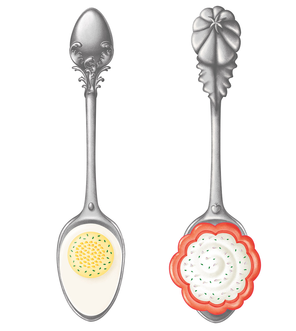 illustration réaliste de cuillères en argent ornées d'un oeuf et d'une tomate par ichetkar recettes au yaourt