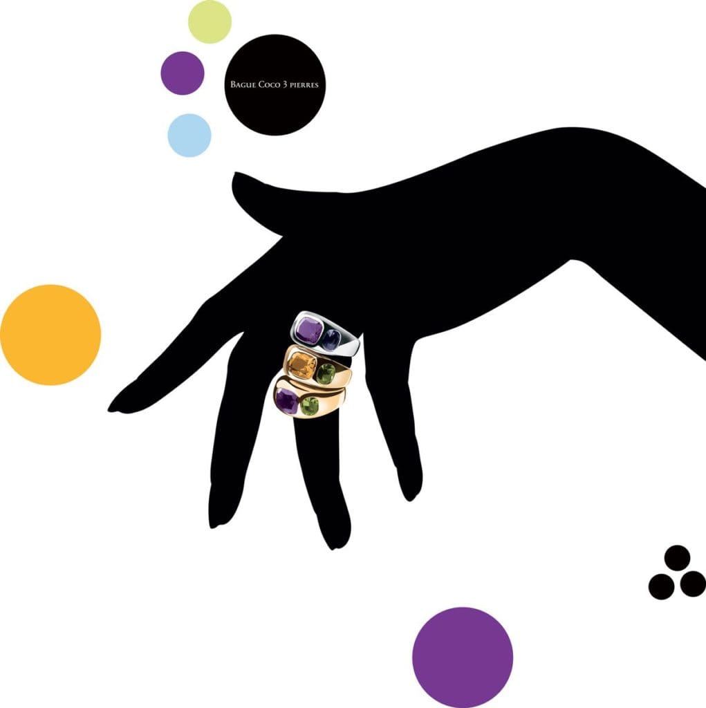 Bagues « Coco trois Pierres » sur silhouette de main noire dessinée par Ich&Kar