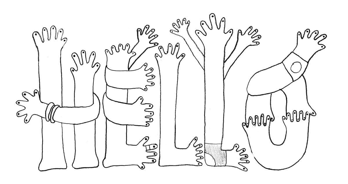 Dessin du lettrage hello composé de main, illustration, lettering et design IchetKar pour Uniqlo