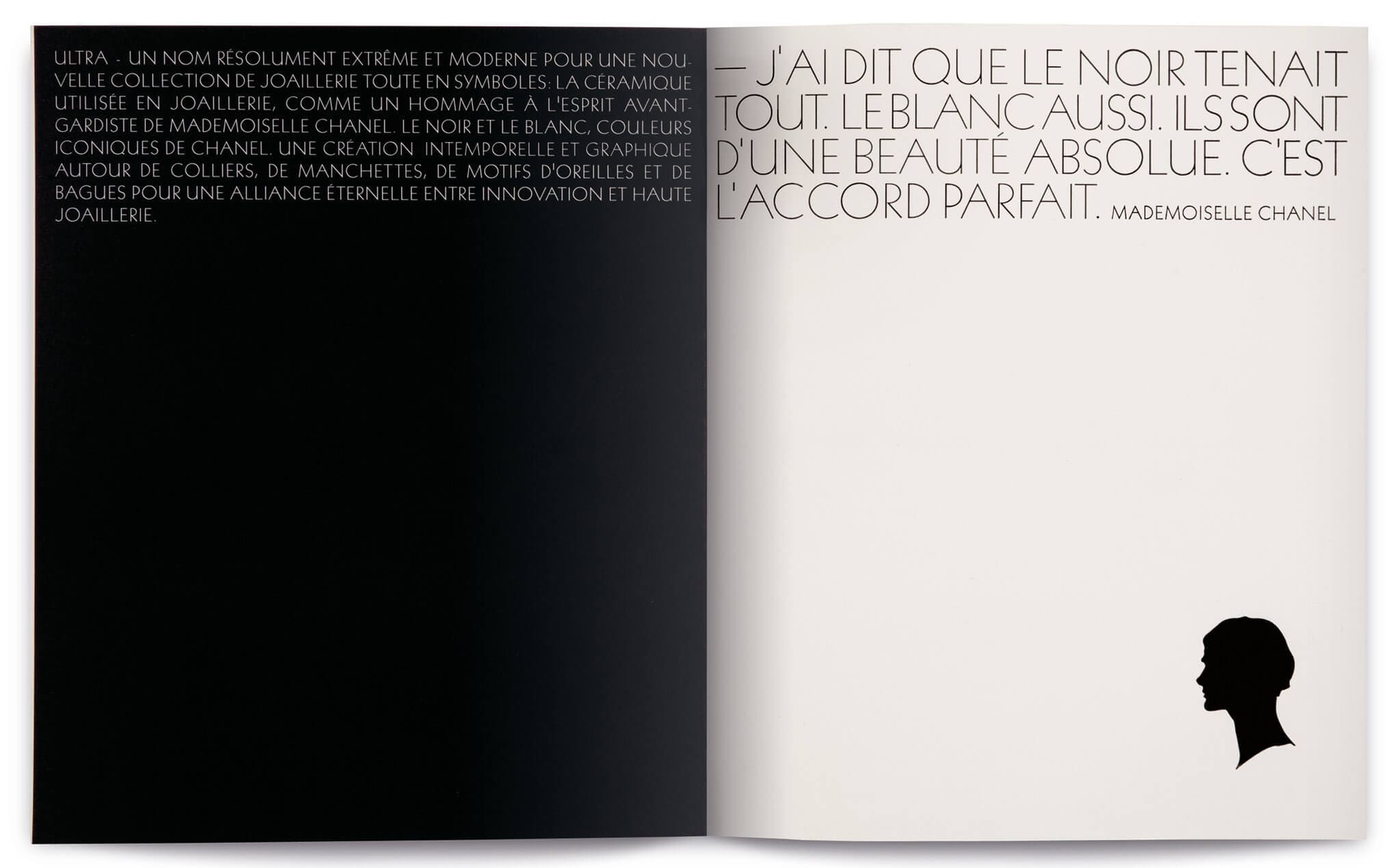 Double page du dossier de presse Chanel ultra, en noir et blanc sous la direction artistique d'IchetKar