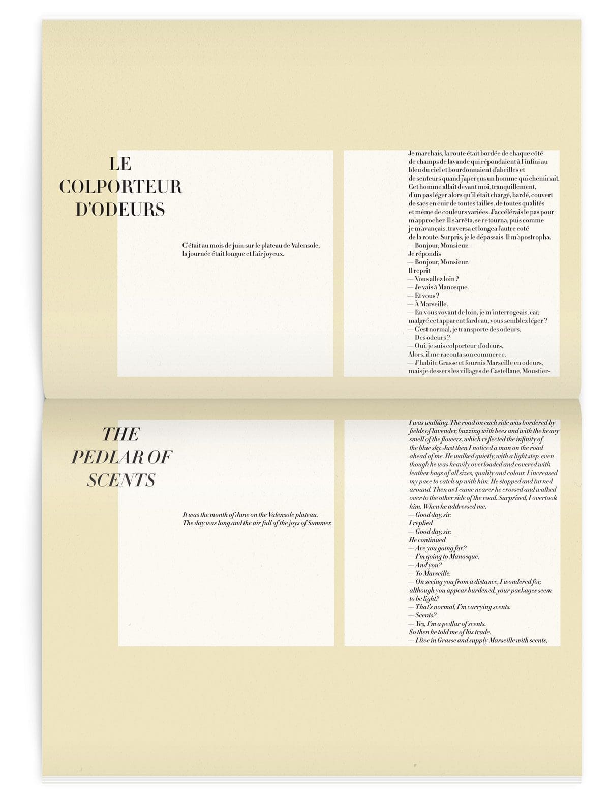 Double page, Le colporteur d'odeurs dans le magazine Iconofly, revue d’art autour d’un accessoire le sac de voyage, design IchetKar