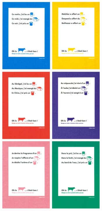 Ich&Kar dessine un set de carte postales pour la Milkfactory, 6 cartes postales I love Milk en forme de rebus moderne