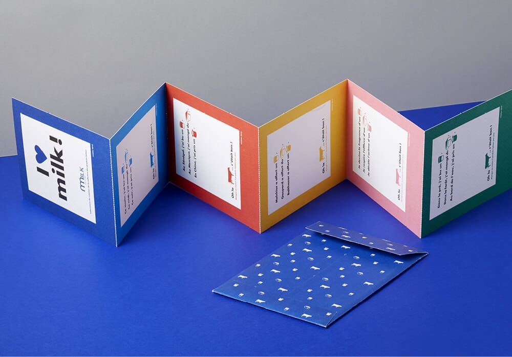 Ich&Kar dessine un set de carte postales pour la Milkfactory, 6 cartes postales I love Milk en forme de rébus moderne
