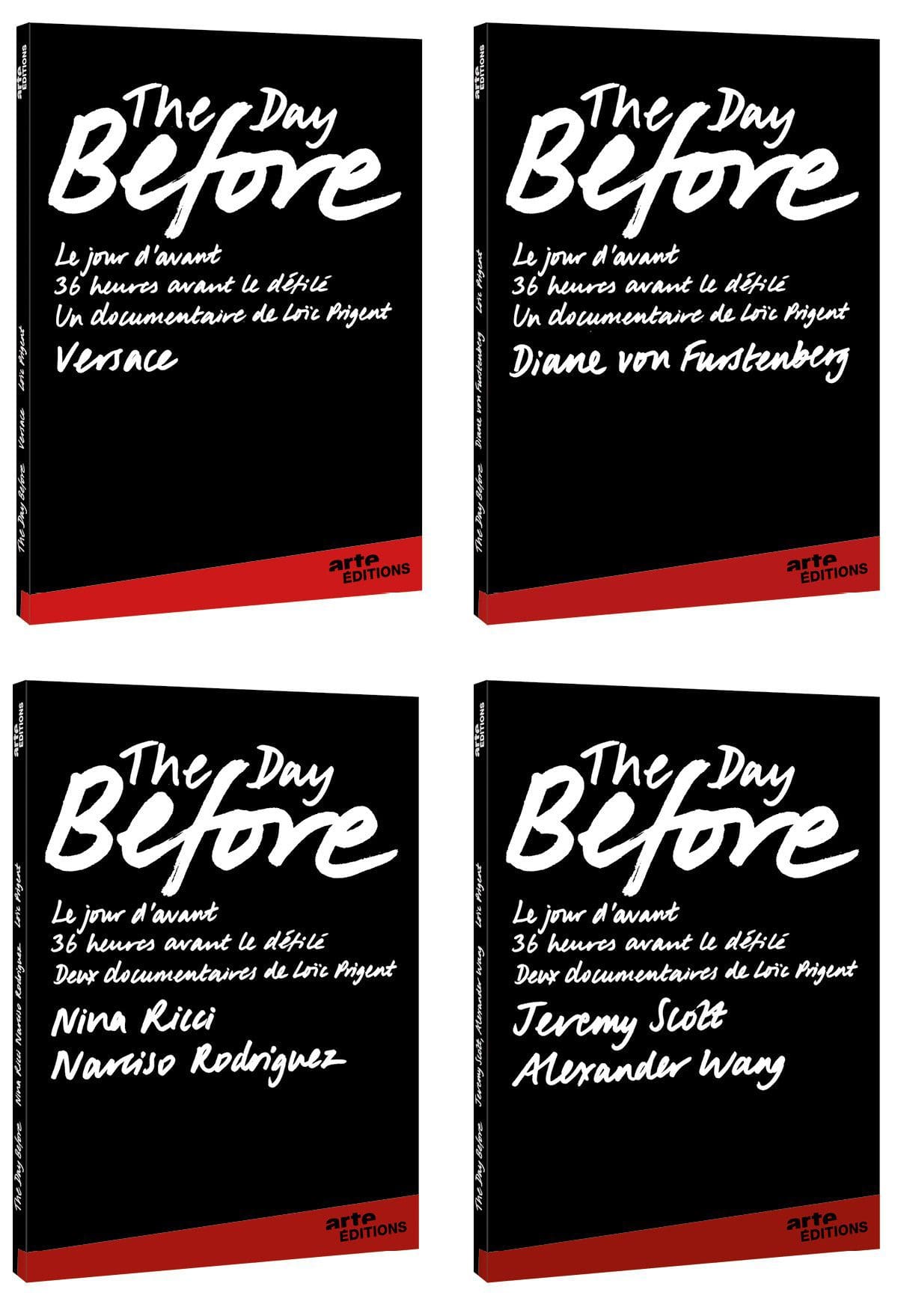 Les jaquettes des DVD Arte The day before 2, avec Versace, Diane von Furstenberg, Nina Ricci, Narciso Rodriguez, Jeremy Scott et Alexander Wang, design et typographie IchetKar