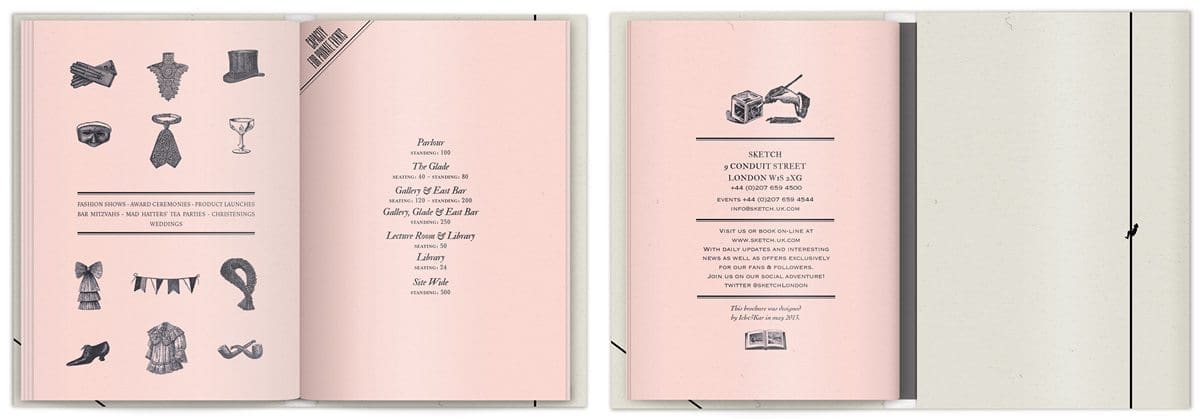 La brochure du Sketch London , rose poudré, sur-couverture poster et gravure, design IchetKar, fabrication Cent Pages