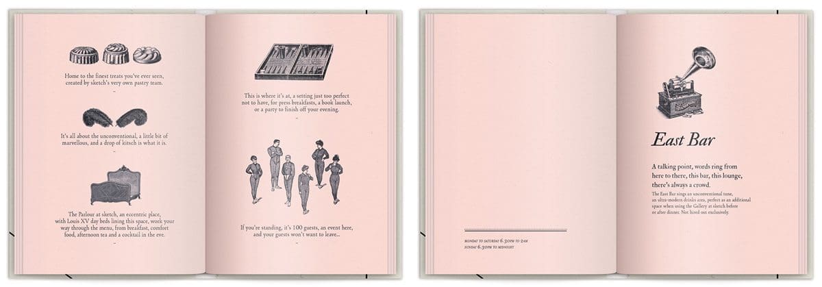La brochure du Sketch London ,East Bar, rose poudré, sur-couverture poster et gravure, design IchetKar, fabrication Cent Pages