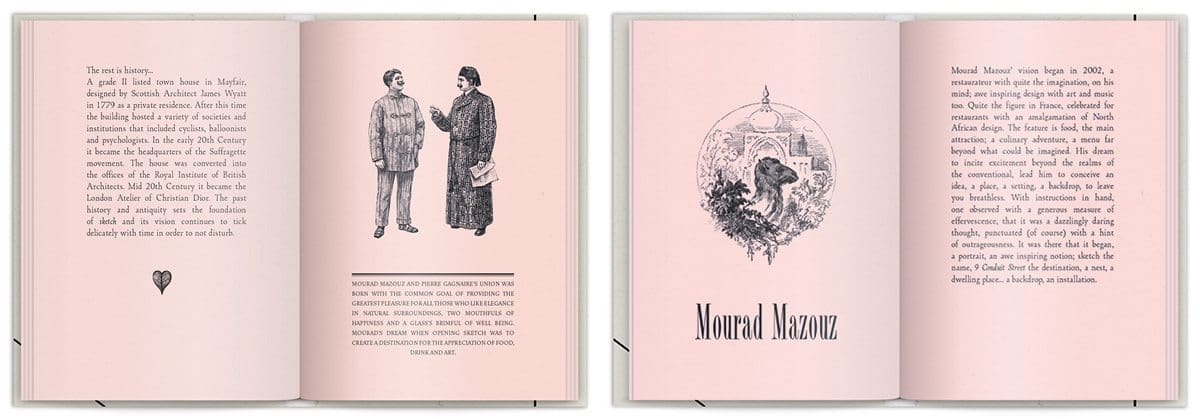 La brochure du Sketch London, gravure représentant le propriétaire du lieu Mourad Mazouz et le Chef étoilé Pierre Gagnaire, design IchetKar