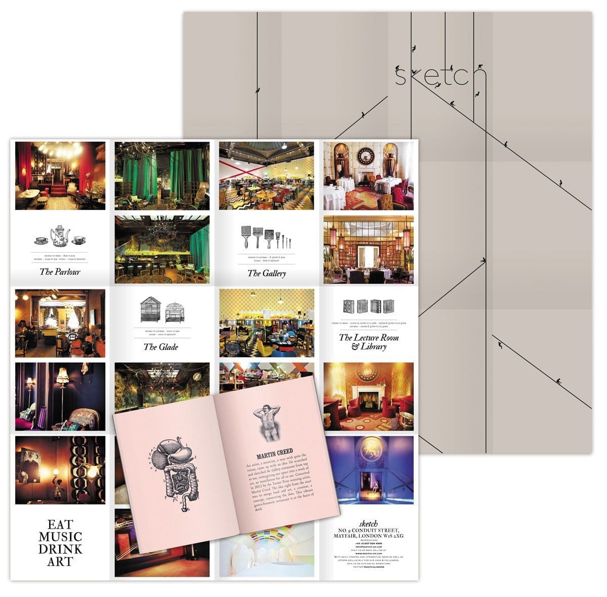 Le poster couverture déplié de la brochure du Sketch London, rose poudré et gris, design IchetKar, fabrication Cent Pages