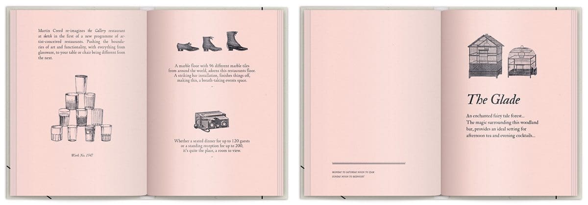 La brochure du Sketch London, les lieux imagé par IchetKar, rose poudré, sur-couverture poster et gravure, design IchetKar, fabrication Cent Pages