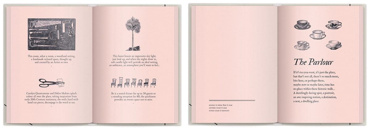 La brochure du Sketch London, les lieux imagé par IchetKar, rose poudré, sur-couverture poster et gravure, design IchetKar, fabrication Cent Pages