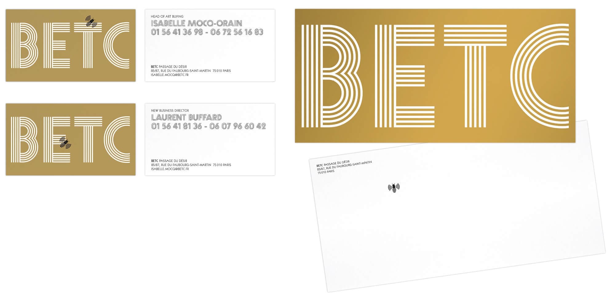 Papeterie carte de visite et carte de correspondance, or et noir pour l'agence de publicité BETC, design IchetKar