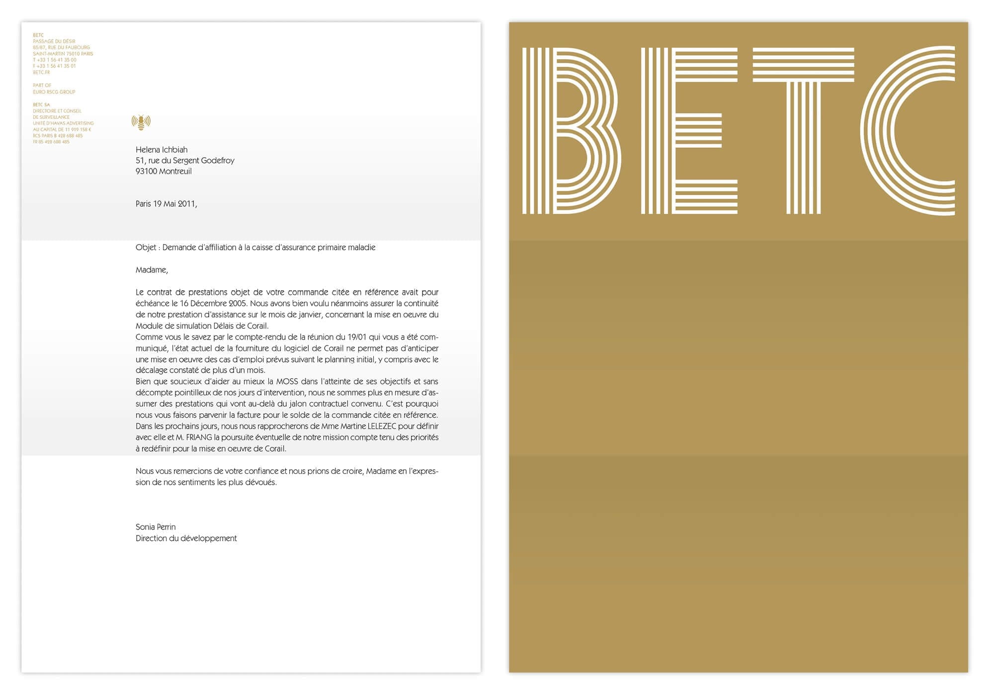 Papeterie papier en-tête or et noir pour l'agence de publicité BETC, design IchetKar