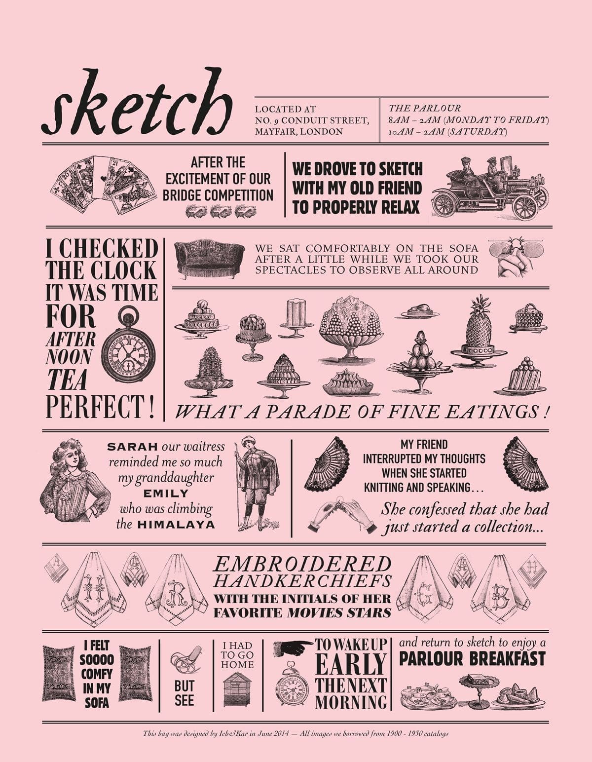 Les histoires illustrées par des gravures pour le sac rose du restaurant Sketch à Londres, design Ich&Kar