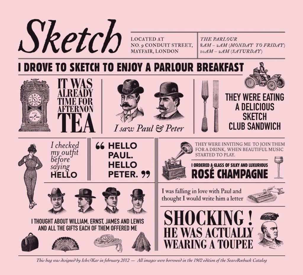Les histoires illustrées par des gravures pour le sac rose du restaurant Sketch à Londres, design Ich&Kar