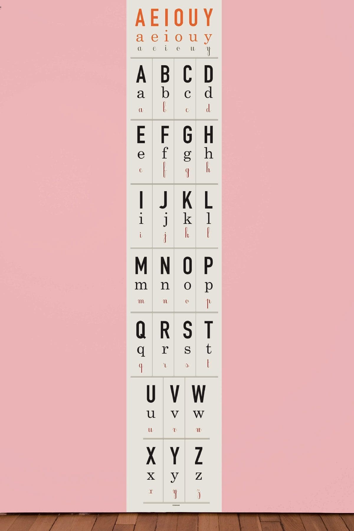 Papier peint AEIOUY, collection Watch, Look & Learn, un alphabet en lettres capitales, bas-de-casse et en cursive, dessiné par Ich&Kar