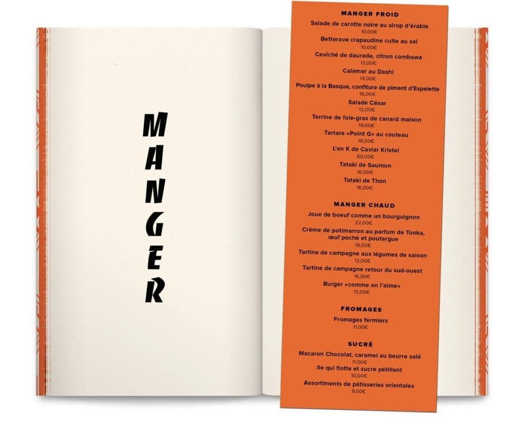 Le livre-menu du bar Andy Wahloo, la page manger du receuil de nouvelle « Le Monde selon Andy Wahloo » mêlant carte des alcools du bar et les tribulations alcoolisées d’Andy Wahloo, design Ich&Kar