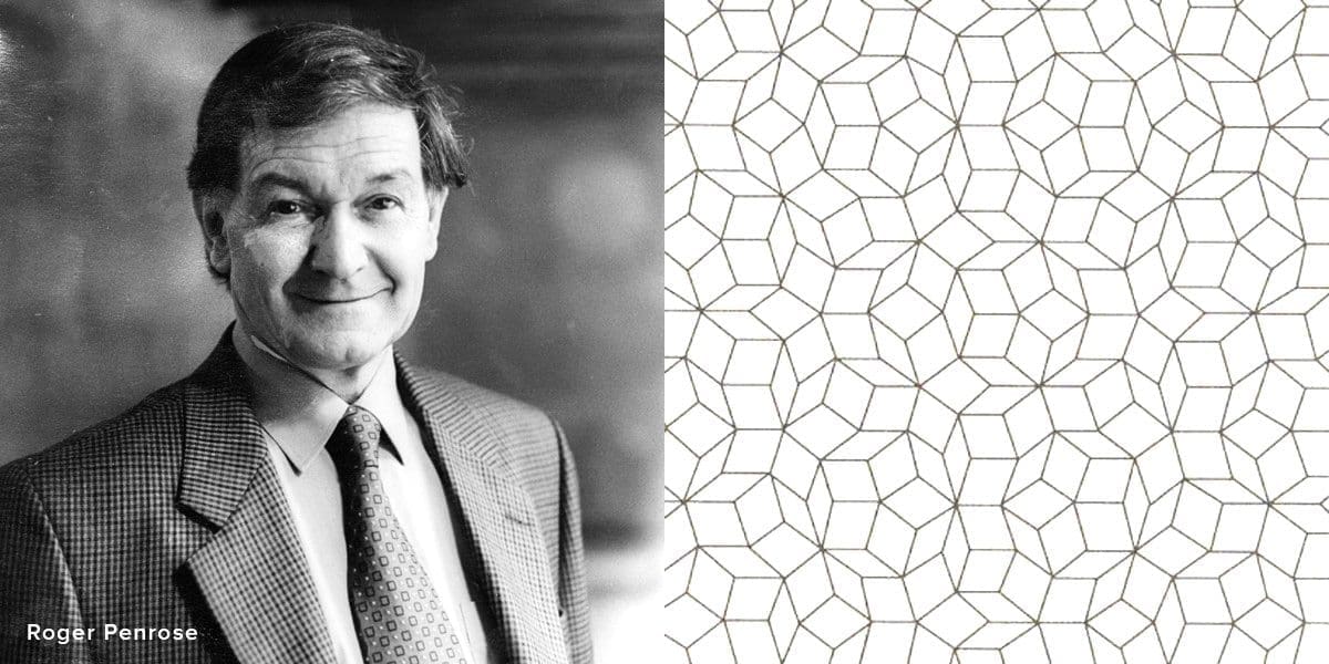 Portrait de Roger Penrose, mathématicien et physicien britannique, qui a découvert le pavage Penrose et une images de motifs de pavages Penrose. 