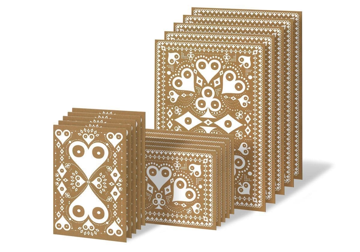 Cartes Danke schön… Cartes de différents formats aux motifs Pokerface Cœur Carreau Trèfle et Pique, blanches et dorées. Créations Ich&Kar.