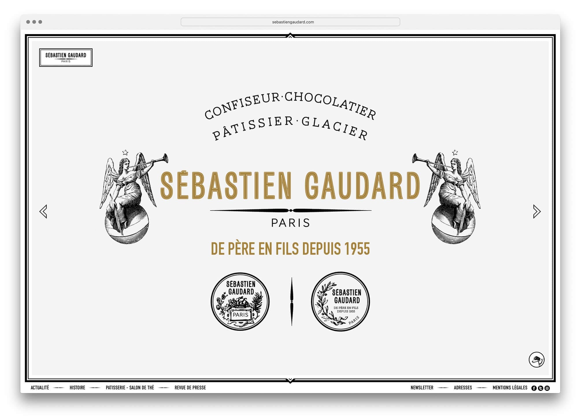 Home du site Sébastien Gaudard, confiseur, chocolatier, pâtissier, glacier, graphisme 18e, ornement, médailles et anges, design Ich&Kar