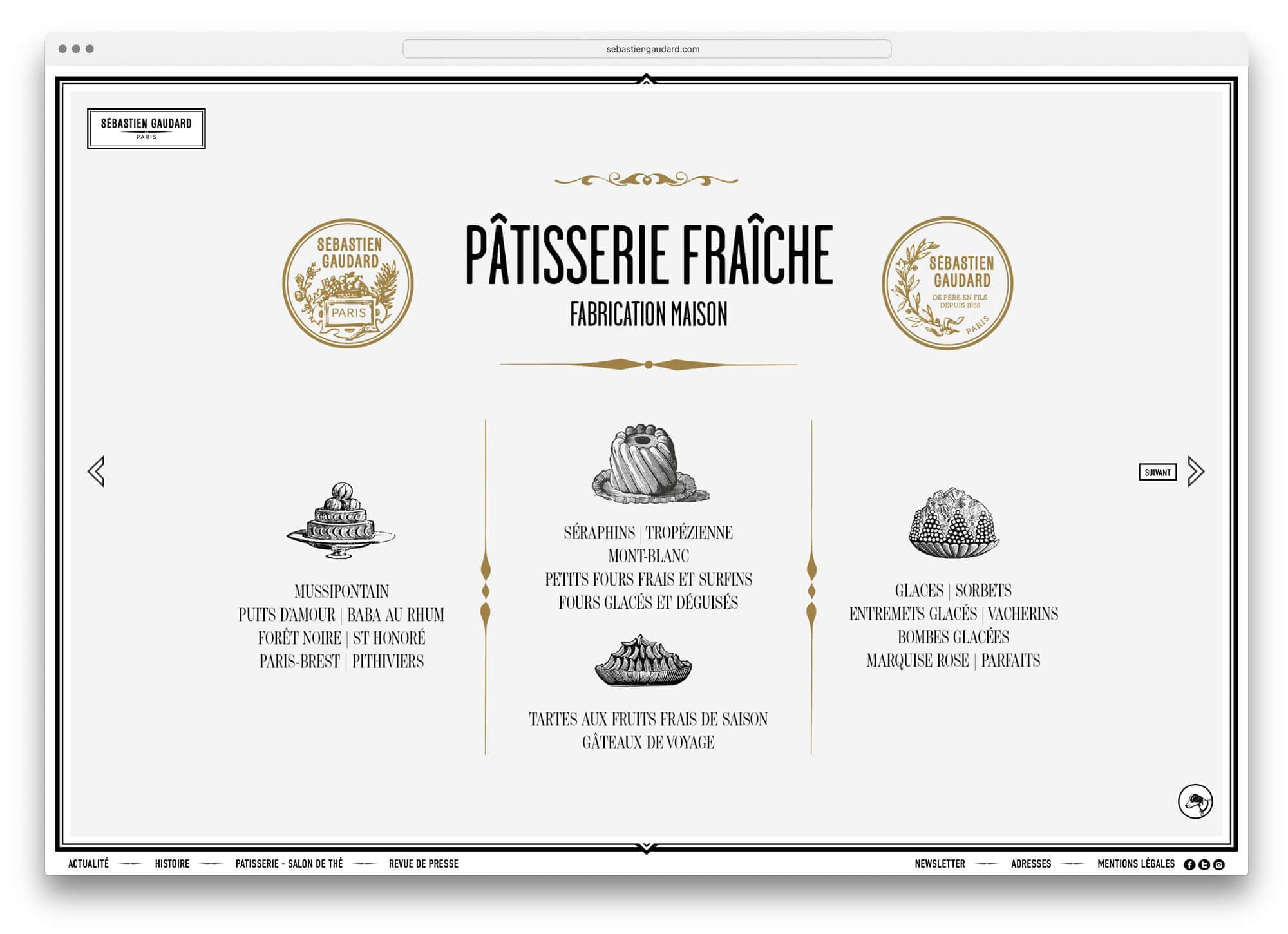 Home du site Sébastien Gaudard, confiseur, chocolatier, pâtissier, glacier, graphisme 18e, ornement, médailles et anges, design Ich&Kar