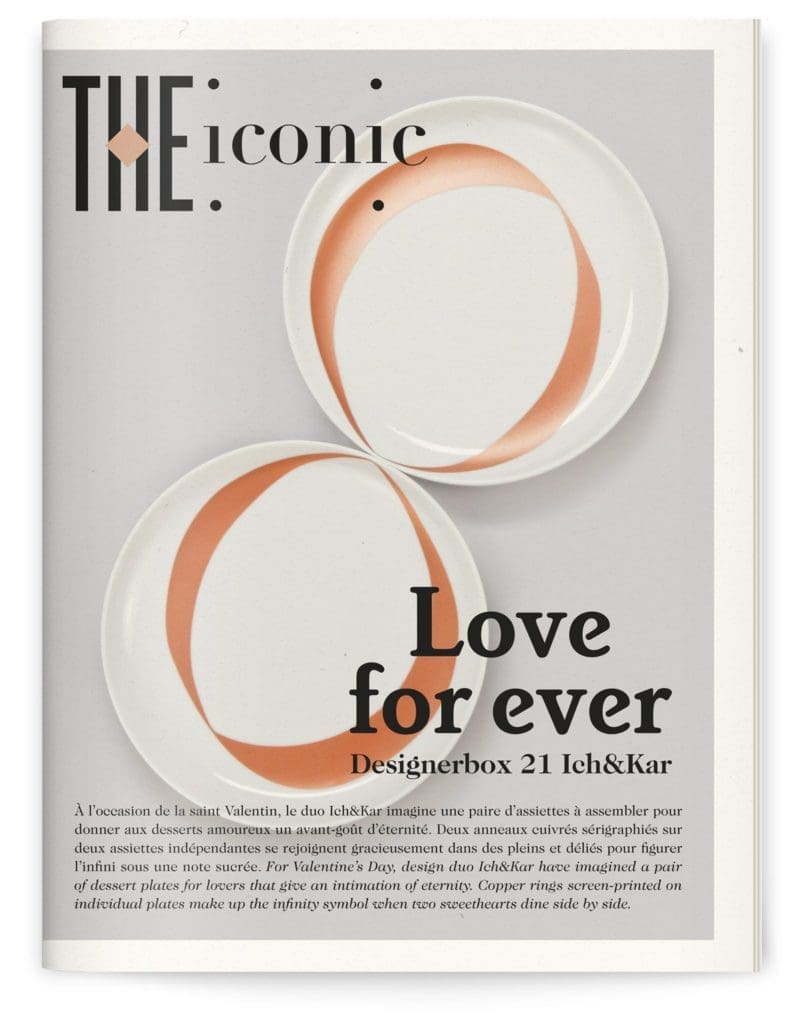 Couverture du magazine qui accompagne la Designerbox 21. Image de deux assiettes blanches ornées d'un motif de ruban cuivré spécialement réalisées par Ich&Kar.