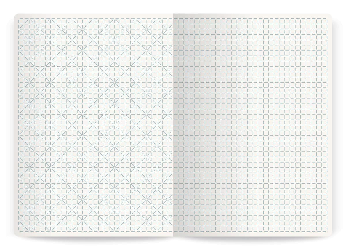 Intérieures d'un carnet d'Annabel Karim Kassar. Pages gauche et droite au motifs différent, design Ich&Kar