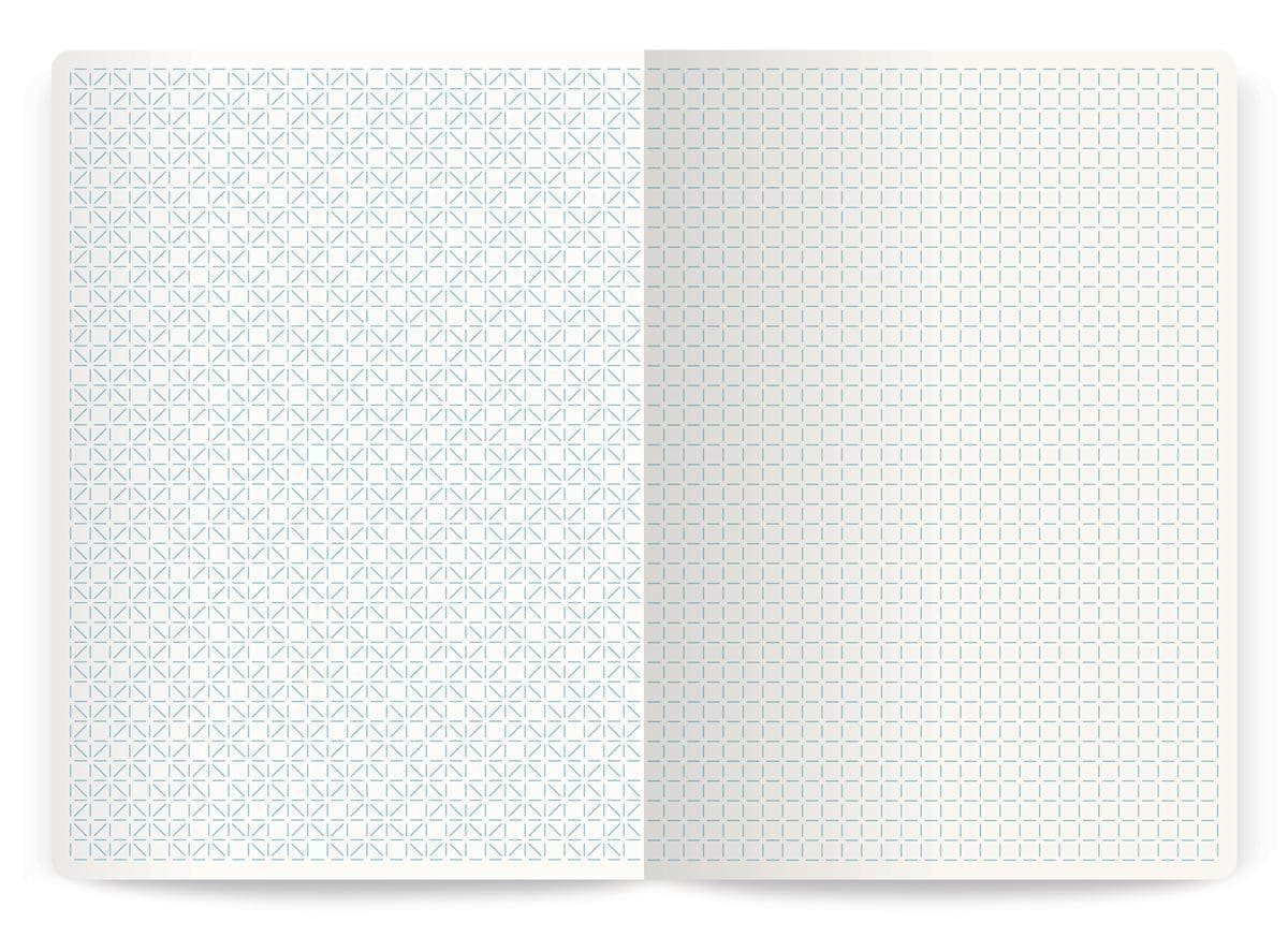 Intérieures d'un carnet d'Annabel Karim Kassar. Pages gauche et droite au motifs différent, design Ich&Kar