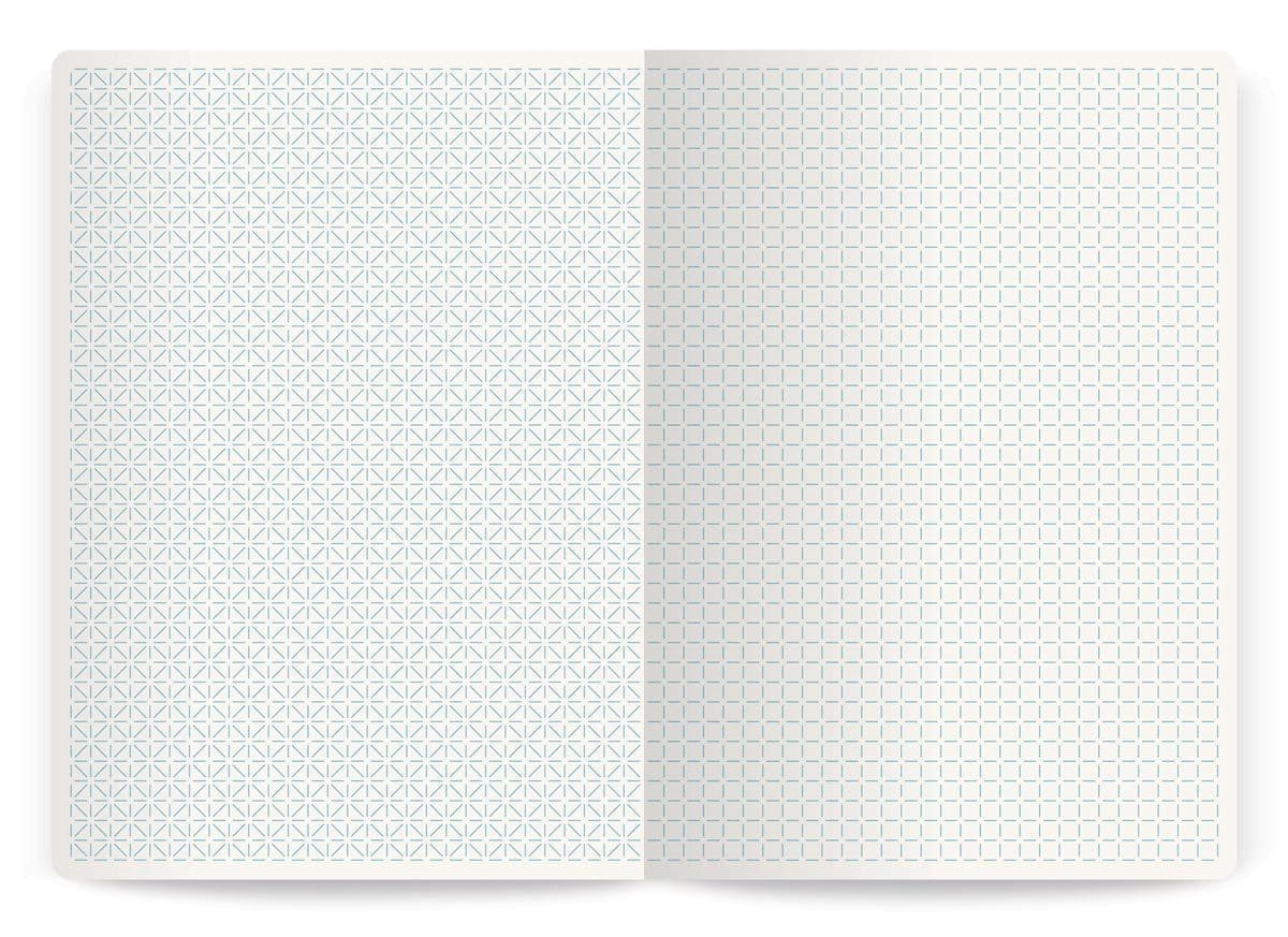 Intérieures d'un carnet d'Annabel Karim Kassar. Pages gauche et droite au motifs différent, design Ich&Kar