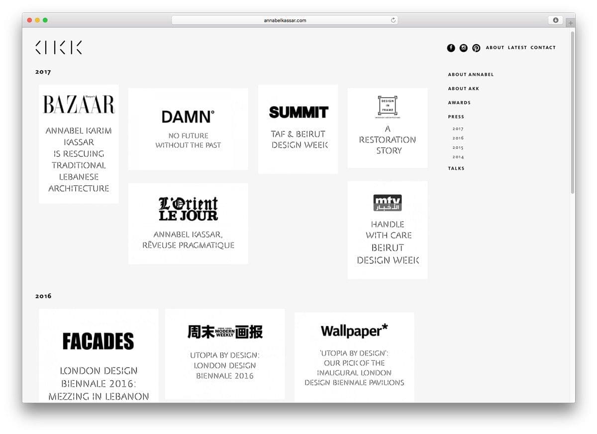 La page presse du site dAnnabel Karim Kassar, les titres des journaux sont mis en avant et classés par date., design IchetKar