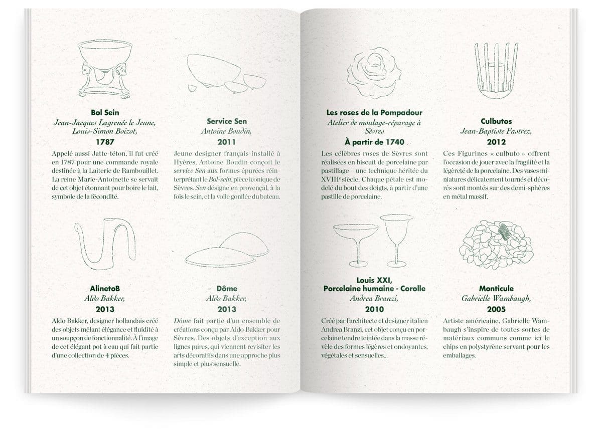 Menu du Sèvres Café par Sébastien Gaudard, dessins et explications sur les bols et coupes réalisés par la Manufacture de Sèvres présentés sur place