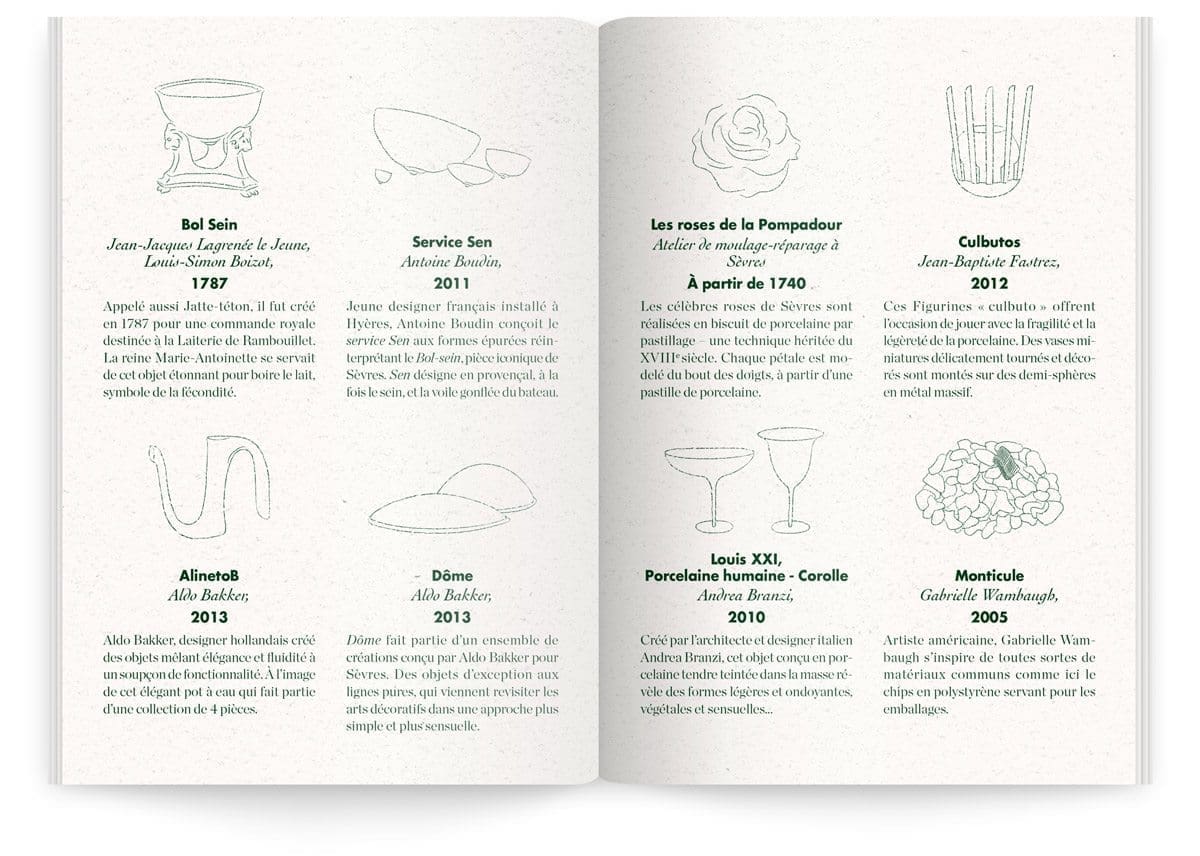 Menu du Sèvres Café par Sébastien Gaudard, dessins et explications sur les bols et coupes réalisés par la Manufacture de Sèvres présentés sur place