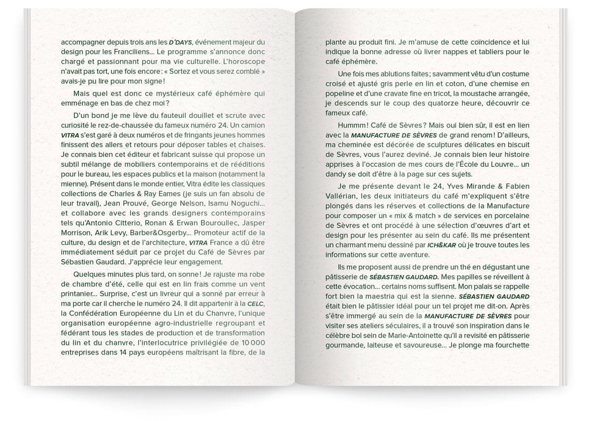 Menu du Sèvres Café par Sébastien Gaudard, texte sur l'expérience de ce café, raconté par un dandy imaginaire