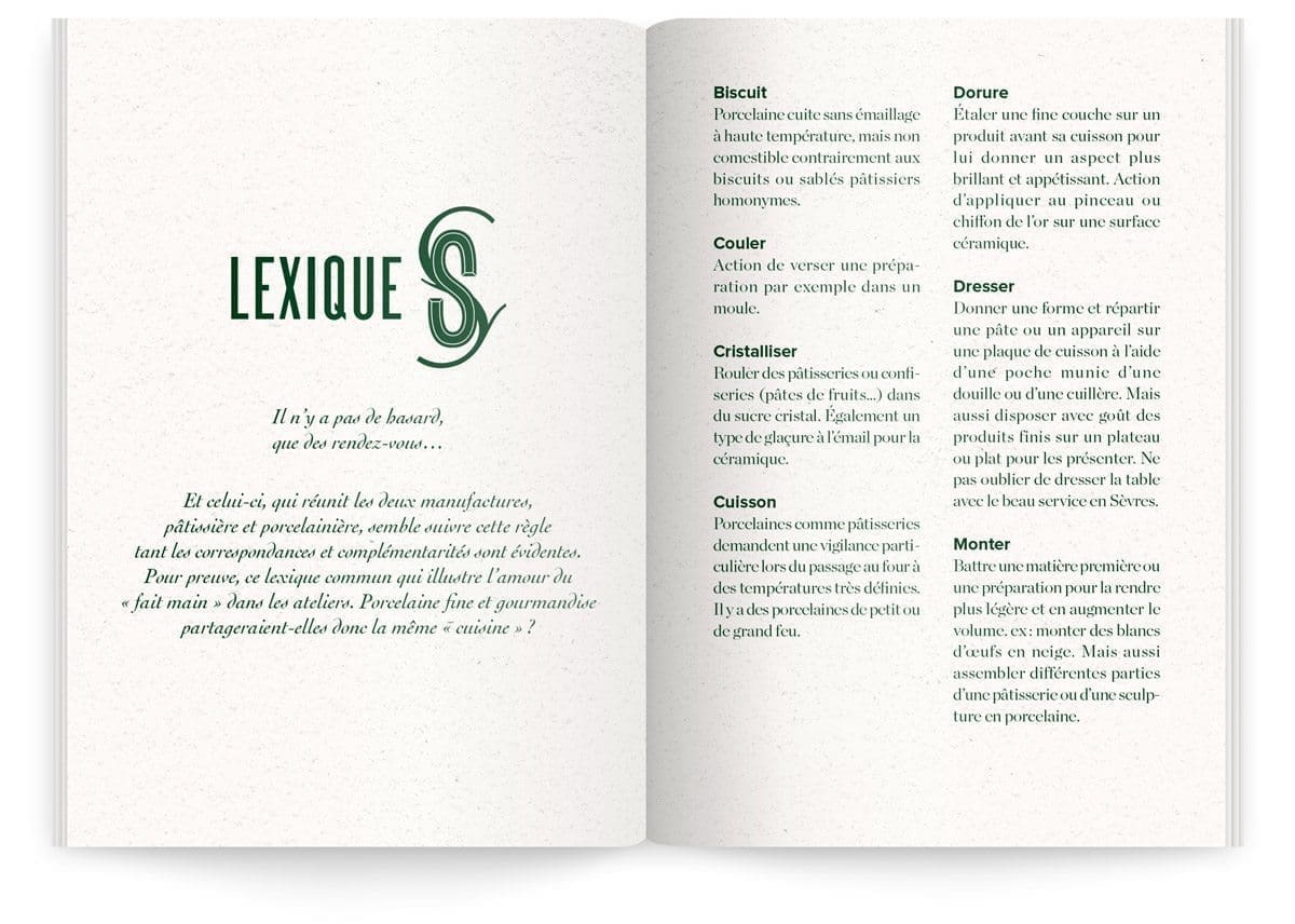 Menu du Sèvres Café par Sébastien Gaudard, lexique commun de la pâtisserie et de la porcelaine qu'on y trouve.