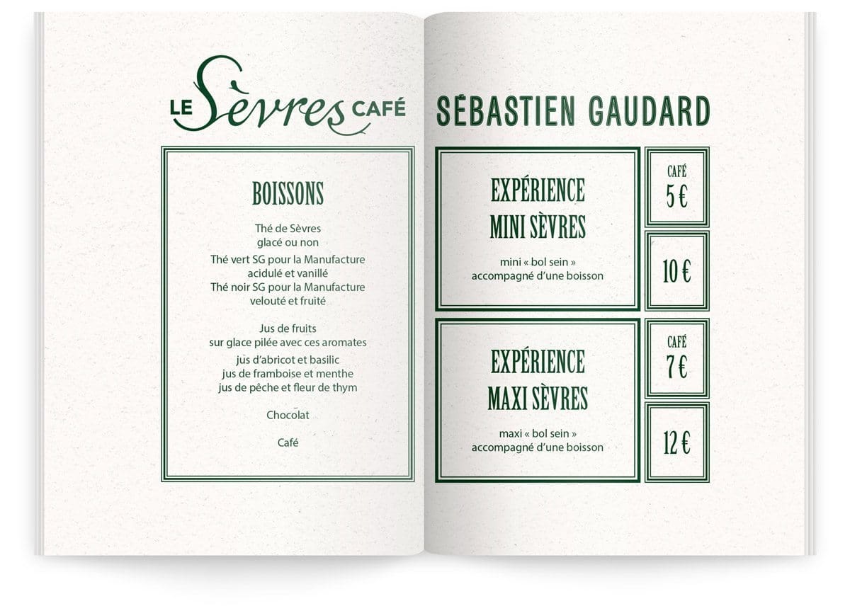Menu du Sèvre Café par Sébastien Gaudard, liste des boissons et expériences proposées, mini Sèvres et maxi Sèvres.