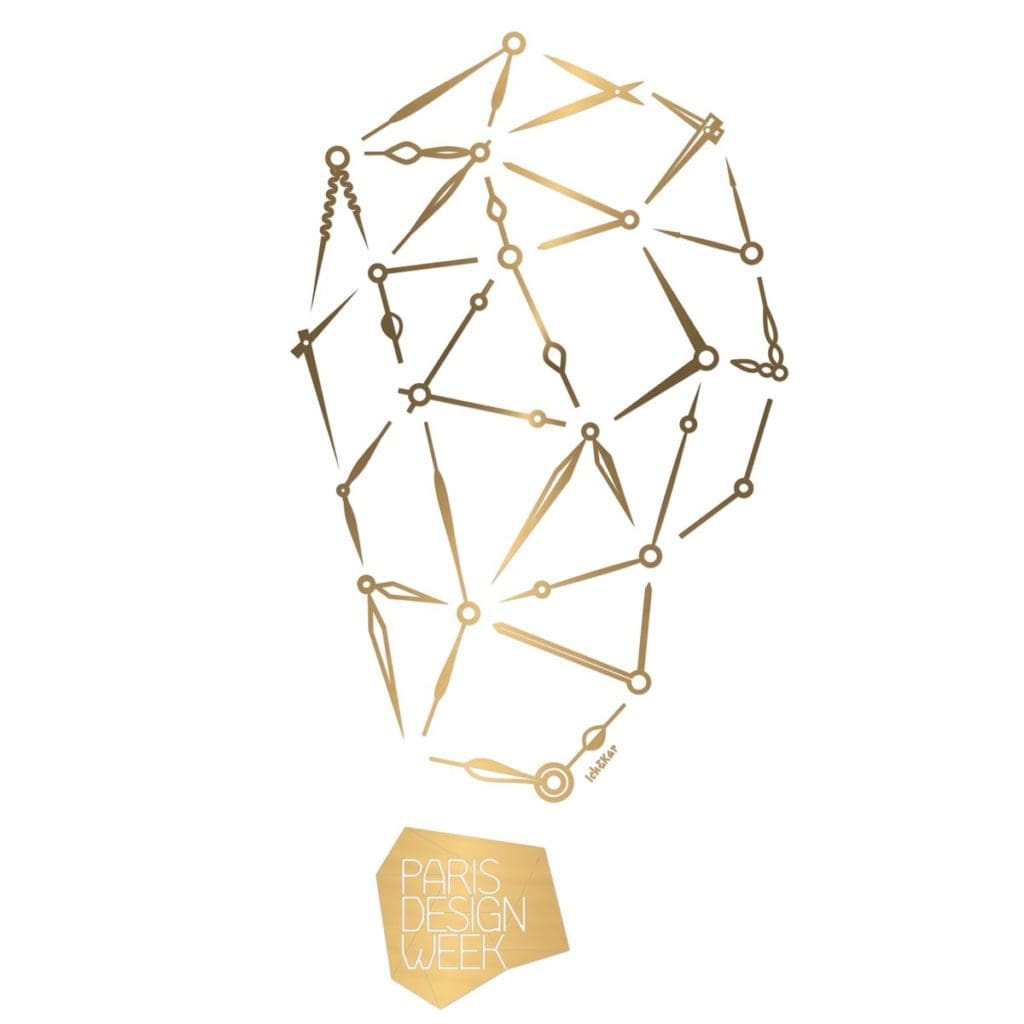 Dessin Precious Time de Ich&Kar pour la Paris Design Week 2015 - Motifs d'aiguilles dorées de montre. Image d'aiguilles qui remontent le temps que nous n'avons plus