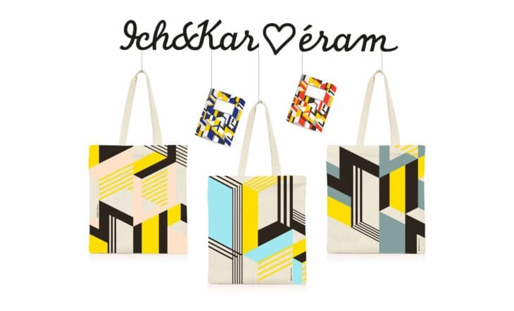 Ich&Kar réveille la rentrée des classes en créant en exclusivité pour éram un sac en coton et un carnet aux motifs géométriques.