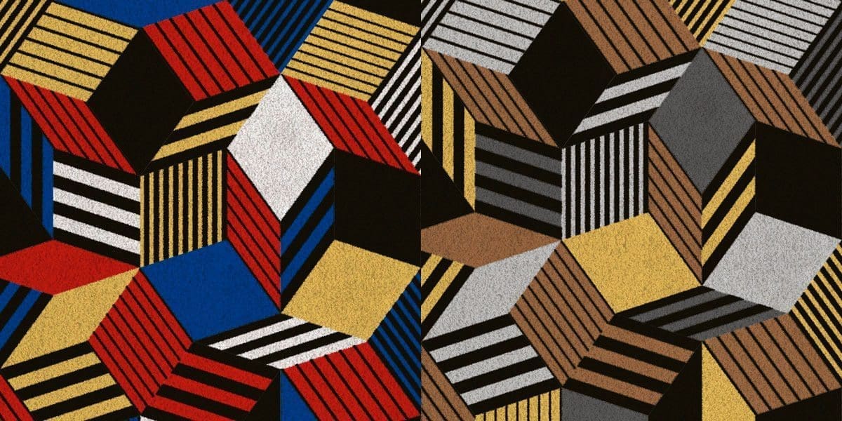 Zoom sur tapis Penrose Crazy, motif géométrique et couleurs primaires, tapis manifeste d'Ich&Kar, édition Bazartherapy