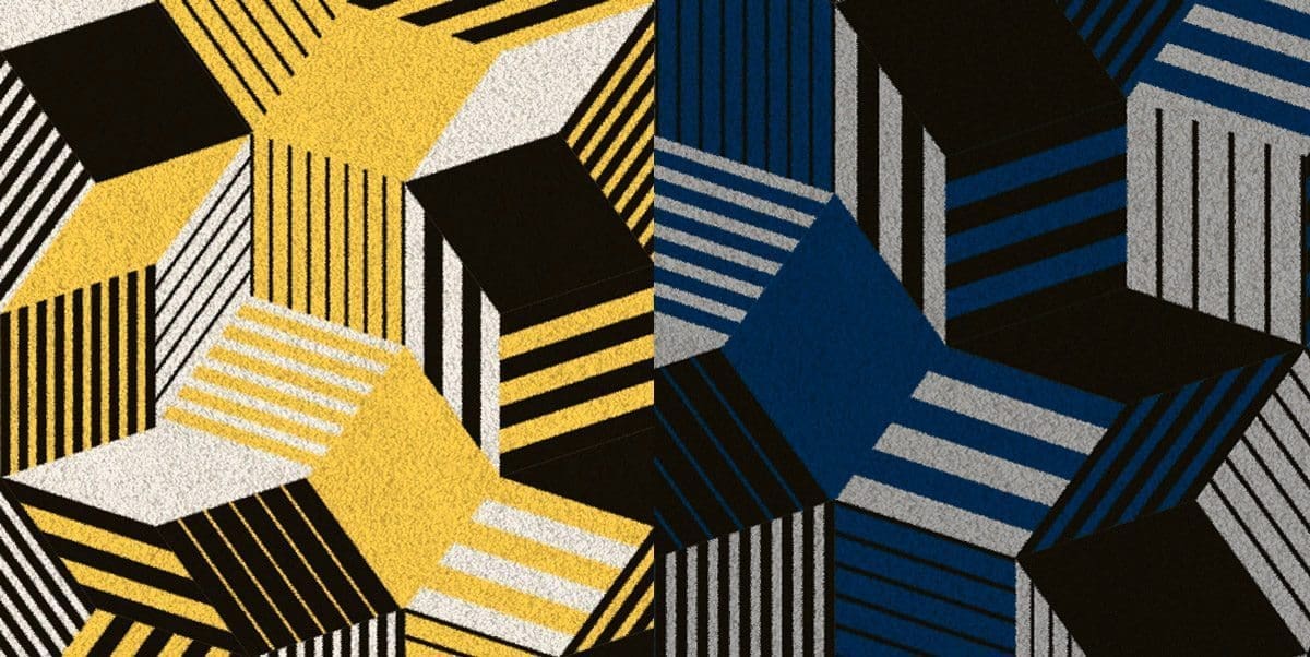 Zoom sur tapis Penrose Sea, ultra élégant, masculin, motif géométrique aux couleurs bleu marine, gris et noir, édition Bazartherapy