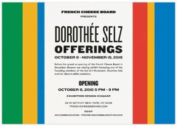 Carton d'invitation pour 'offering', une rétrospective didactique, ludique haute en couleur signée IchetKar pour Dorothée Selz et ses acolytes.