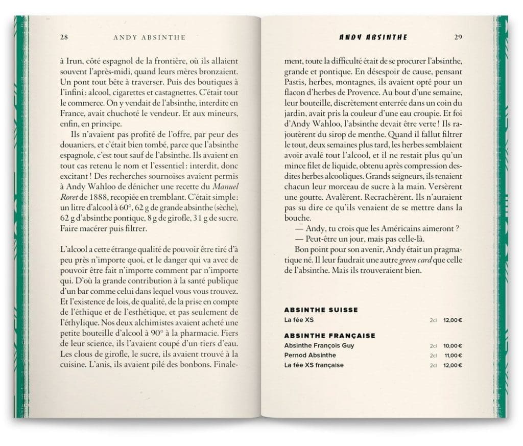 L'histoire "Andy Absinthe" de la nouvelle carte du bar Andy Wahloo, rue des graviers, Paris 3e, design Ich&Kar