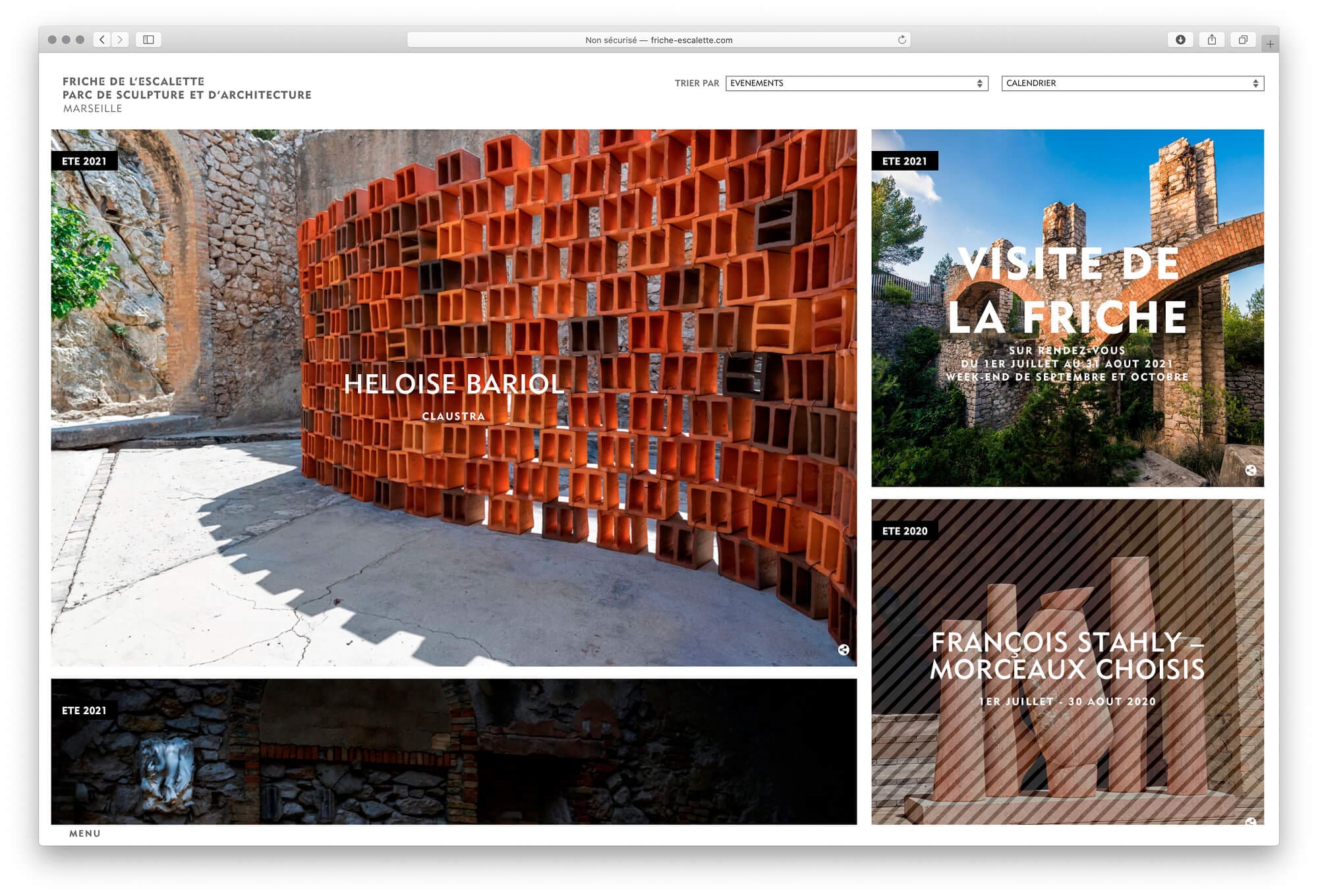 La home page du site internet de la Friche de l'Escalette, par de sculpture et d'architecture, présente le programme des expositions, webdesign et identité graphique IchetKar