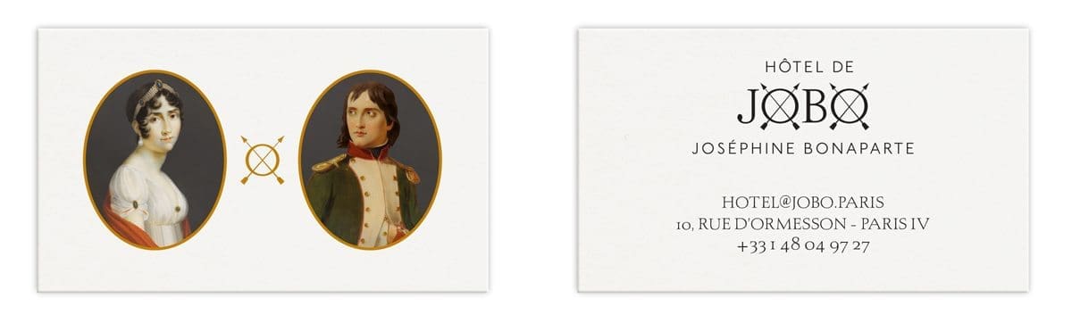 Les cartes de visites de l'Hôtel de JOBO, dans le marais à Paris, portrait de joséphine et de Napoléon, dorure à chaud, design IchetKar