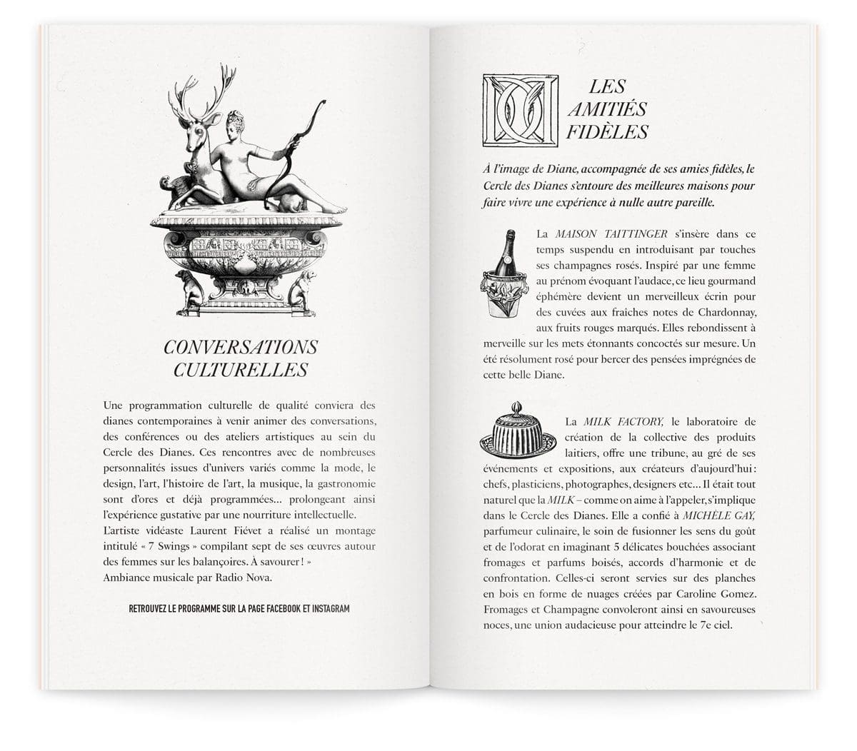 Le menu du cercle des Dianes, conversations culturelles et amitiés fidèles entre la milk factory, le champagne Taittinger et Claire Damon