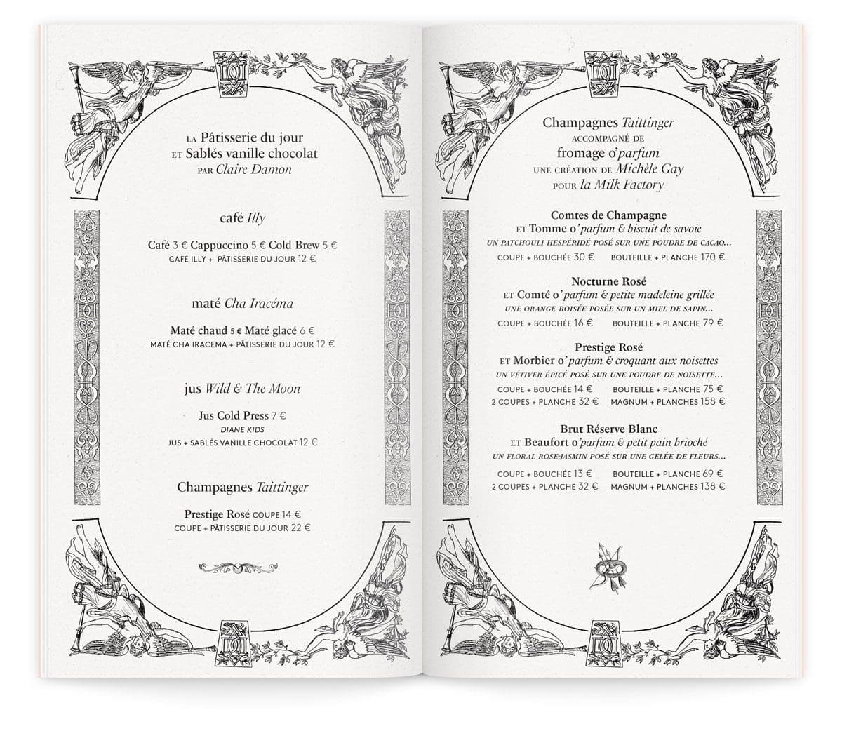 Menu du cercle des Dianes, café éphémère du carré rive gauche des antiquaires, pâtisseries du jour et coupe de champagne Taittinger, design IchetKar