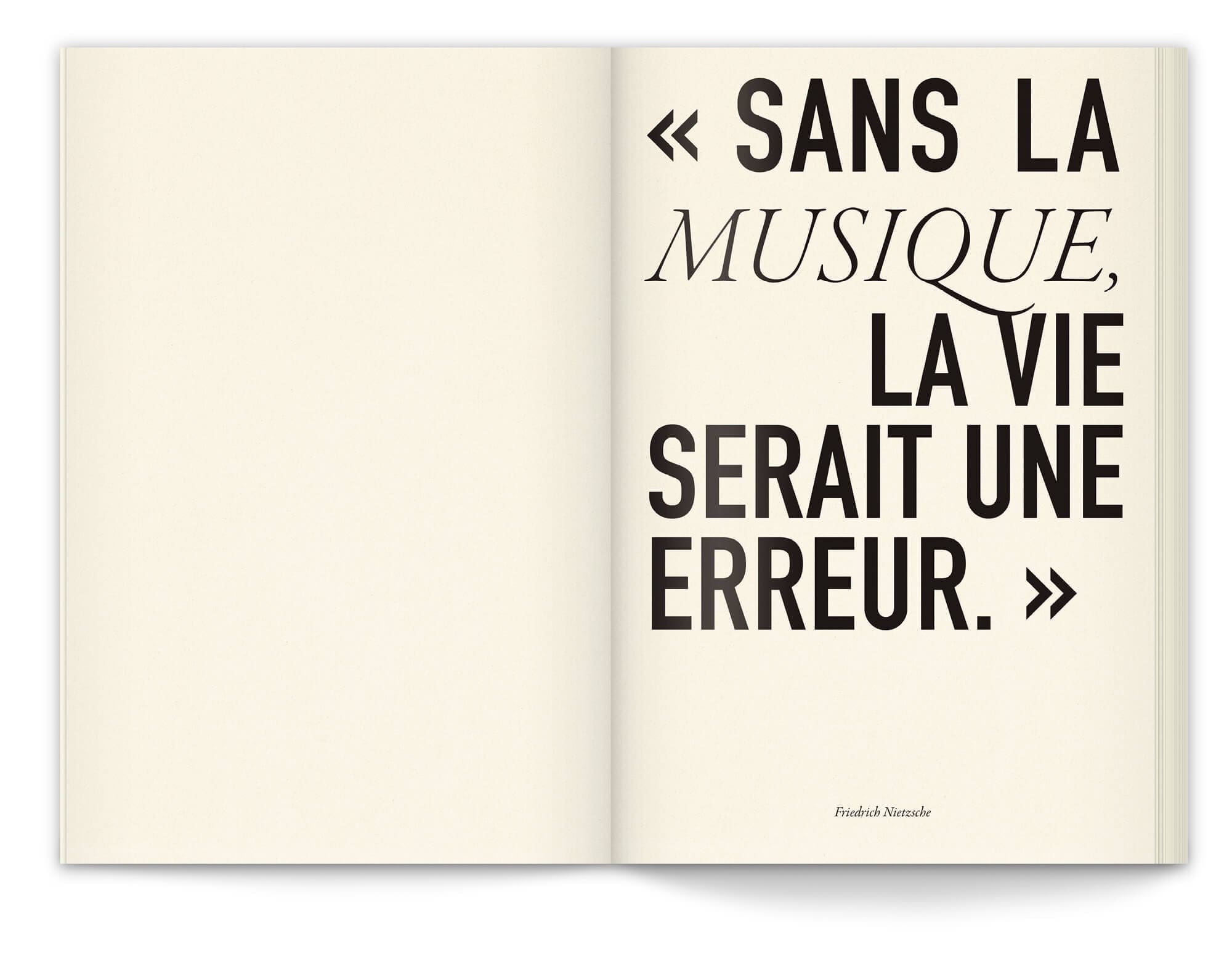 Pour commencer le livre, Barclay, une histoire de haute fidélité, une citation de Nietzsche, "sans la musique, la vie serait une erreur", graphiste IchetKar