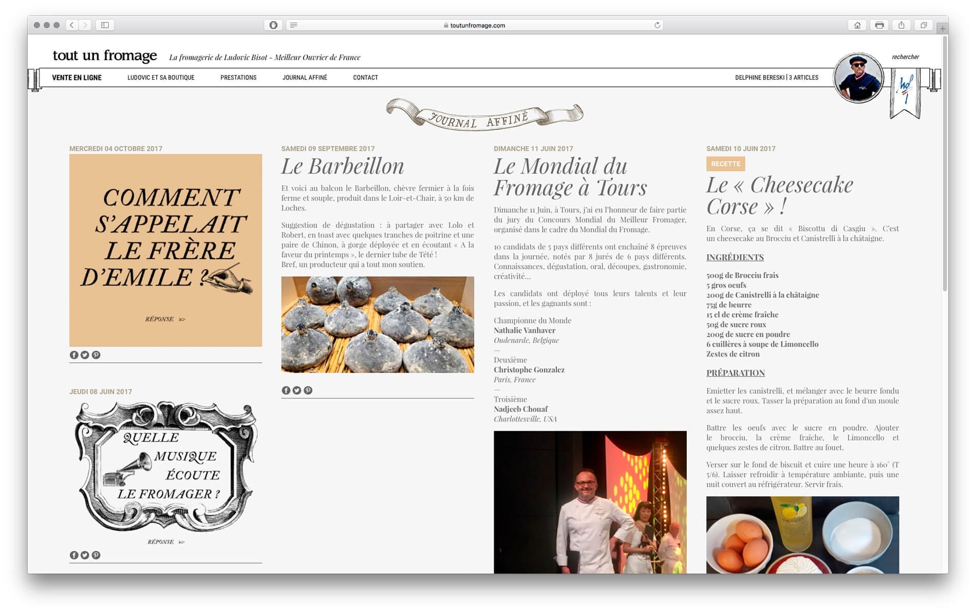 La page journal du site web du fromager tout un fromage, design Ichetkar