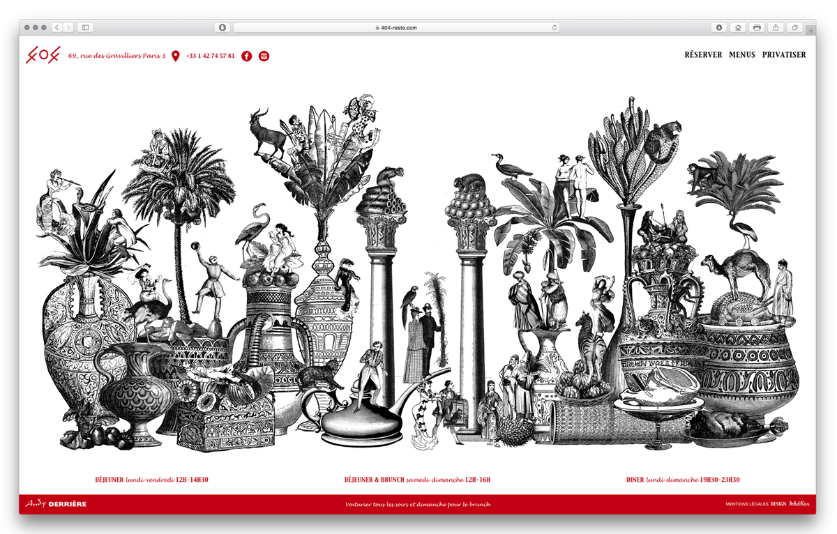 Une animation dans un style Monty Python en Home page du site web du restaurant 404, situé au 69 rue des Gravilliers, Paris 3, design et illustration animée par Ichetkar