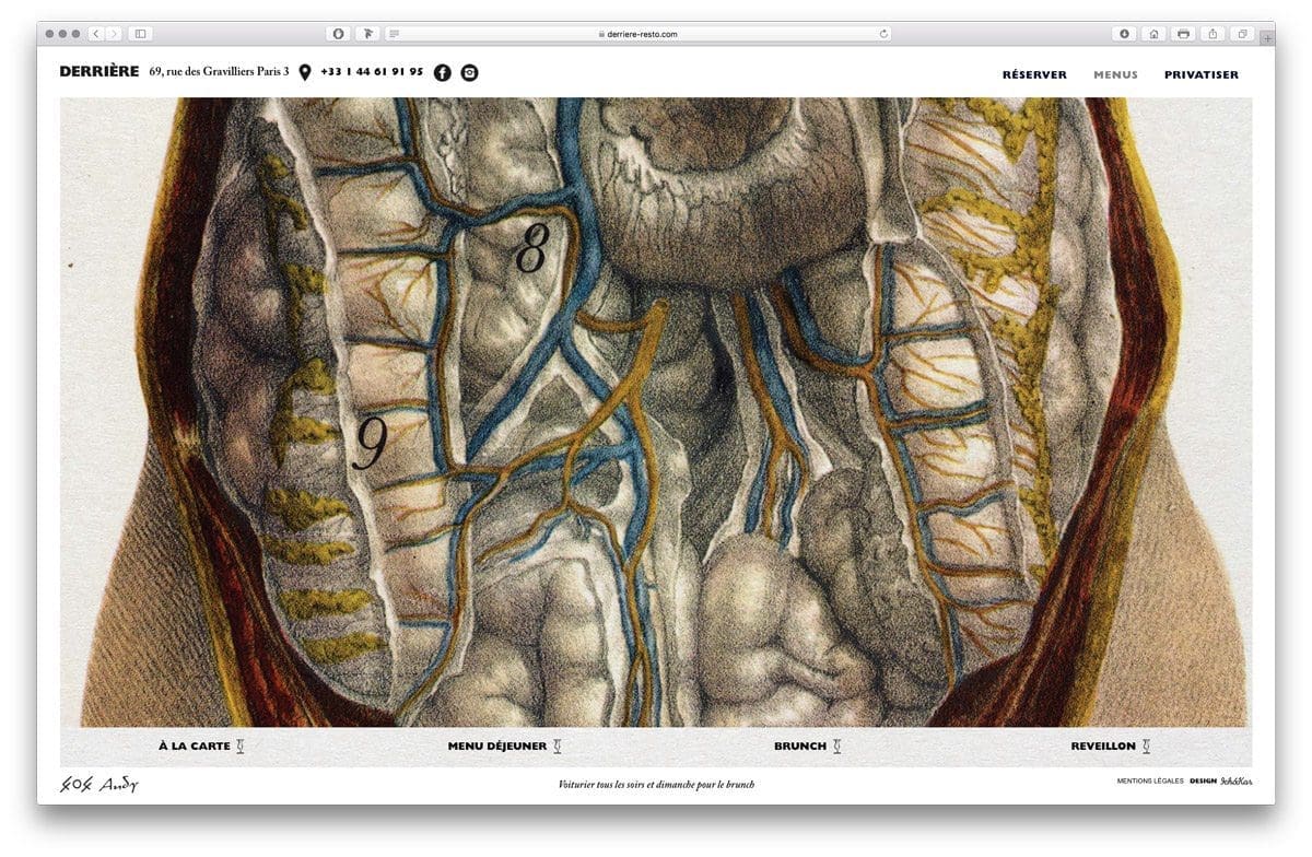 La page menu du site internet du Derriere, situé au 69 rue des Gravilliers, illustration d'intestin, design Ichetkar