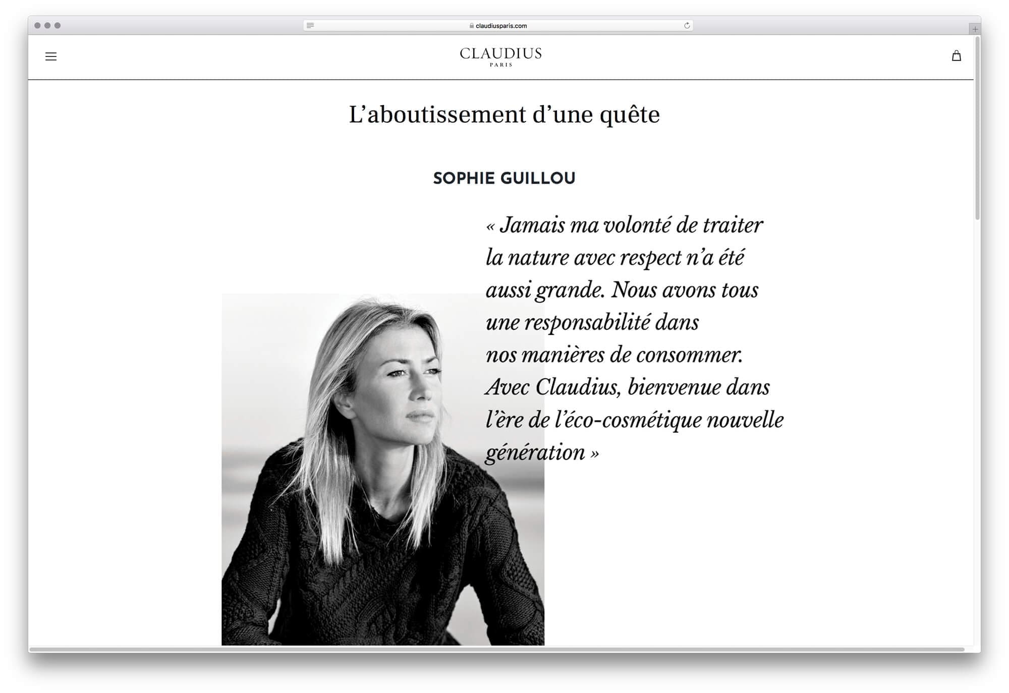 Site internet de Claudius, page histoire la marque et de sa fondatrice Sophie Guillou, design par Ichekar